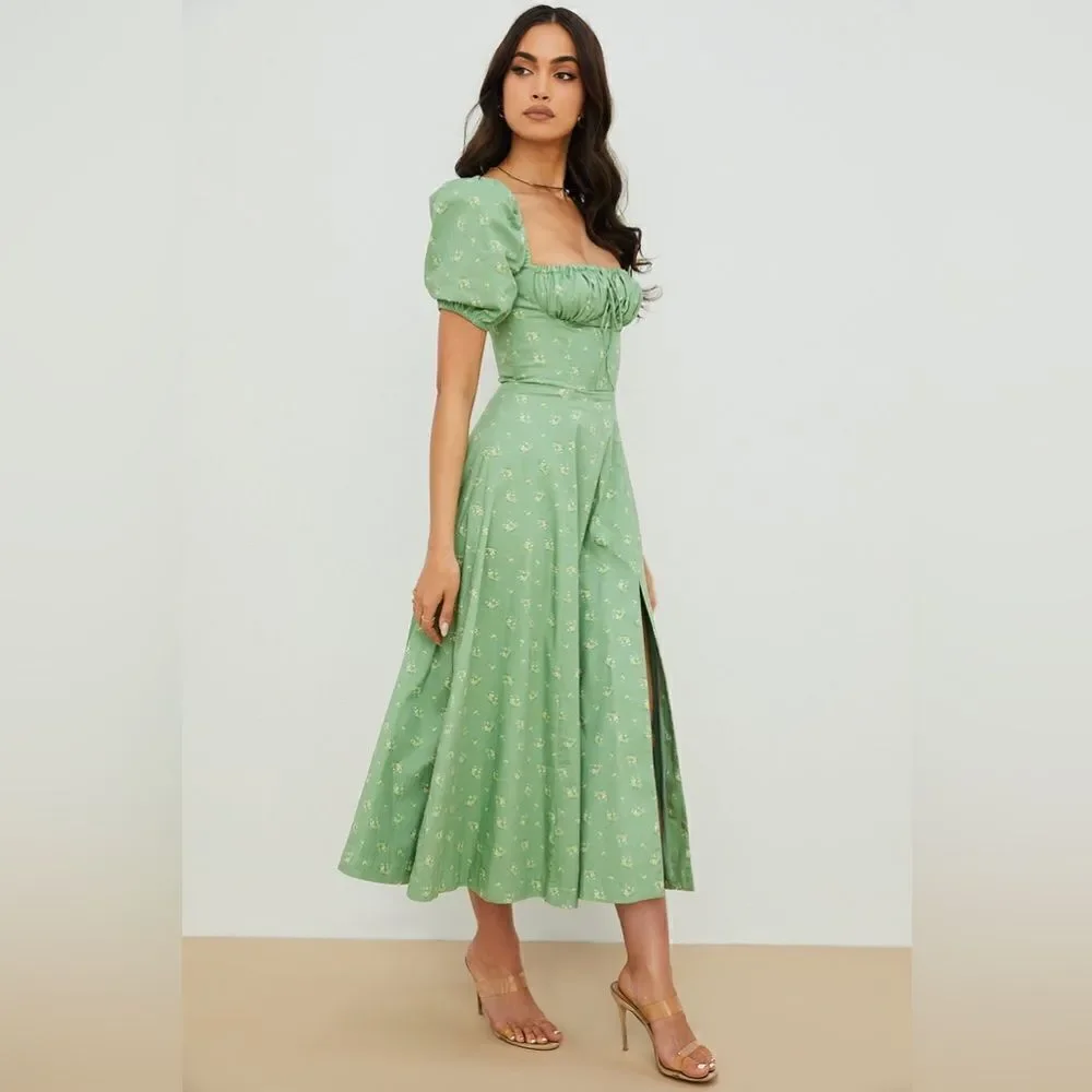 House of Cb Tallulah Olive Midi Green Dress Floral Puff Sleeve Size XS - Picture 6 of 14